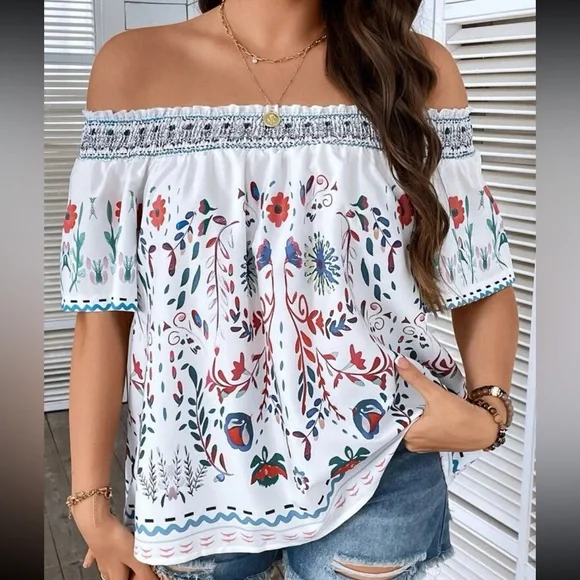 Boho Floral Print Off Shoulder Top Blouse Shirt White - Picture 1 of 8